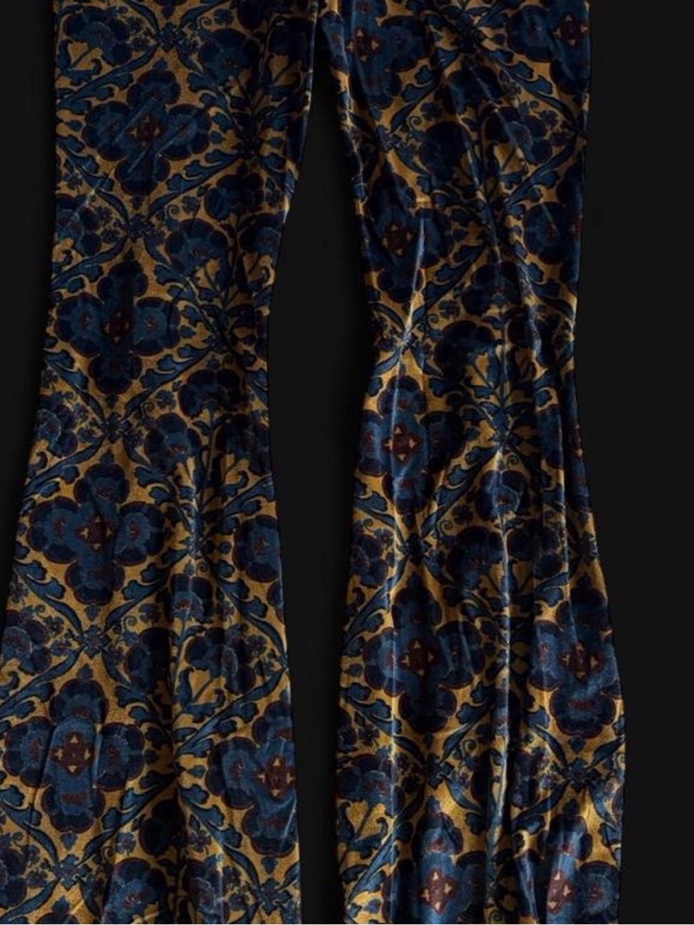 Free People Blue and Gold Floral Velvet Bell Bottom Pants - Picture 5 of 6